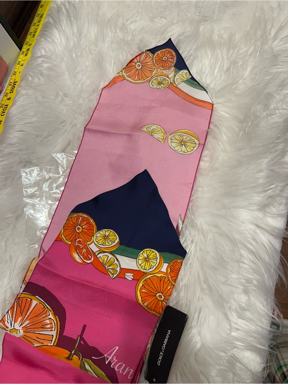 Dolce & Gabbana Capri Citrus Print Silk Twill Scarf in pink with orange fruit . - Picture 6 of 11
